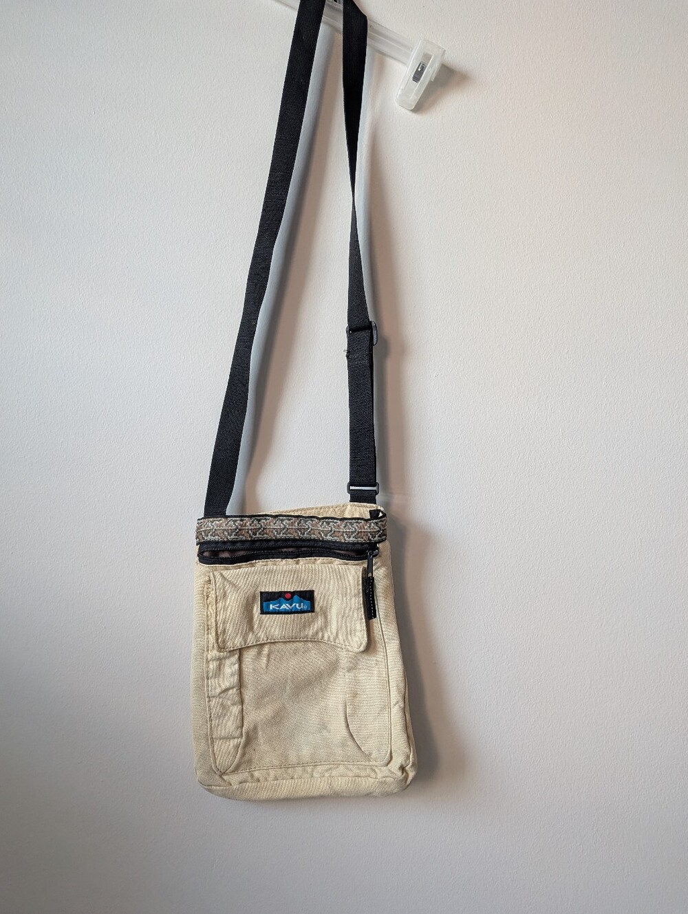 Kavu Beige Crossbody Bag with Adjustable Black Strap Aztec Detail